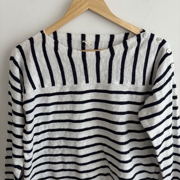 Eileen Fisher Large Petite Sweater Organic Linen Cotton Nautical Stripe Buttons - Picture 8 of 8